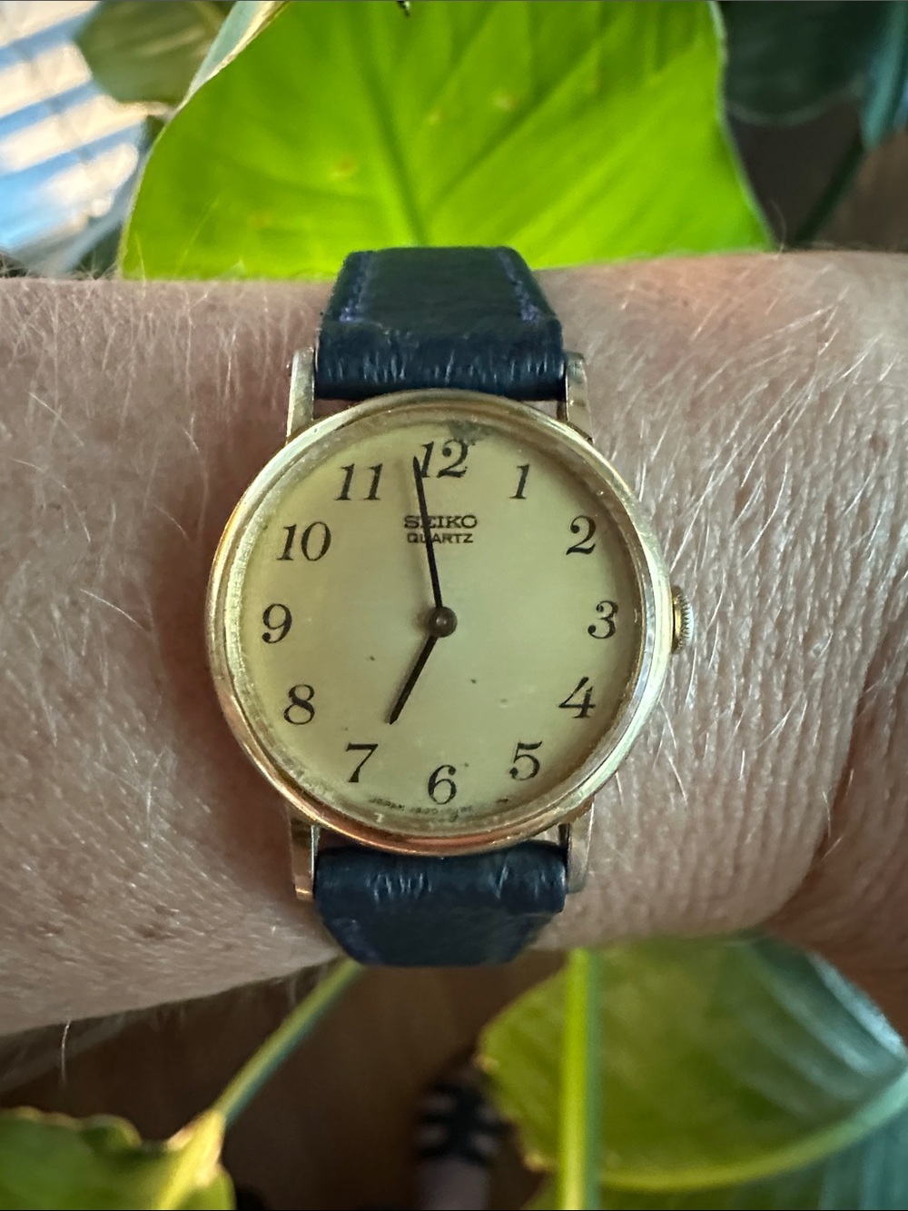 1990 Vintage Seiko Arabic Dress Watch with Navy Leather Band